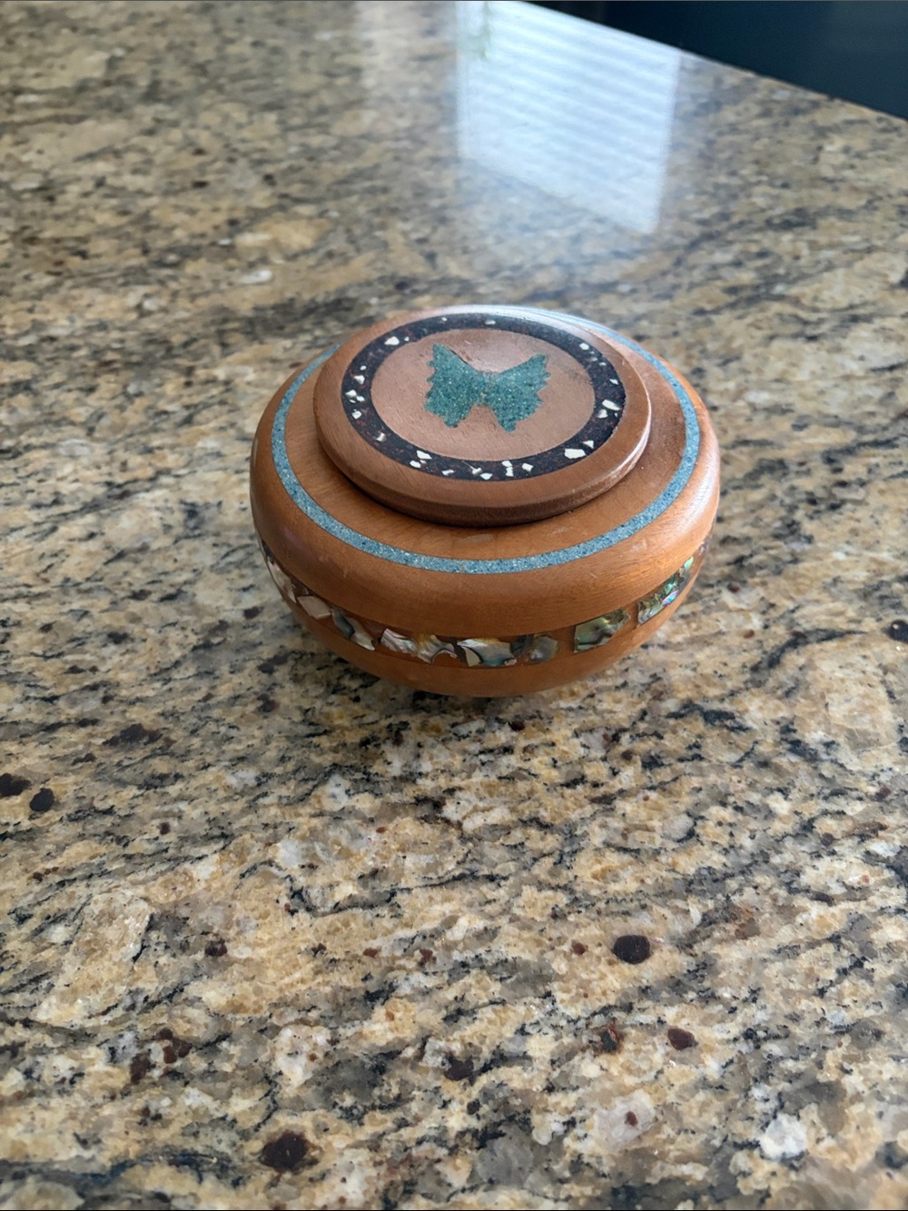Wooden Round Trinket Box with Turquoise Butterfly Inlay